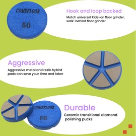 Hybrid Ceramic Transitional Diamond Polishing Pucks for Concrete Terrazzo Floor, 3 Inch Hook and Loop Aggressive Floor Grinding Discs, 50# 3PCS