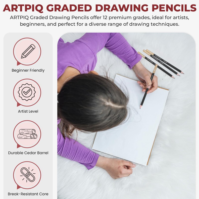 ARTPIQ Drawing Pencils Set of 12 Mixed Grade Graphite Pencils-
