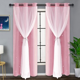 Kinryb Pink 84 Inch Long Star Cutout Kids Curtains for Girls Bedroom Twinkle Star Overlay Curtains for Nursery Double-Layer Grommet Window Drapes 2 Piece with Tiebacks Pink 42W x 84L