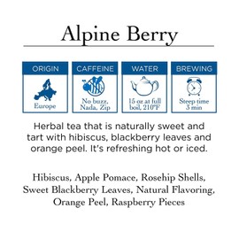 Two Leaves and a Bud Alpine Berry Herbal Tea Bags, Naturally Caffeine Free, Whole Leaf Herbal Tea with Hibiscus in Compostable Sachets, Hot or Iced, 15 Count (Pack of 6)