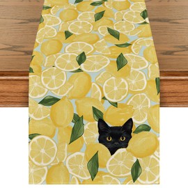 Artoid Mode Black Cat Lemon Summer Table Runner, Seasonal Spring Kitchen Dining Table Decoration, Indoor, Holiday, Party Decor, 40 x 180 cm