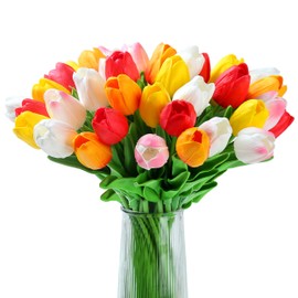XIANNVXI 20pcs 5 Colour Assorted Artificial Tulip Flowers Faux Fake Tulips Decorative Silk Flowers for Indoor Spring Kitchen Wedding Bouquet Rome Decor 14 Inch