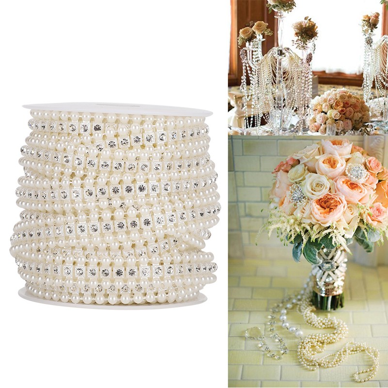 10m Beautiful Faux Pearl Bead String with Artificial Diamonds Decoration