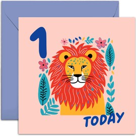 Old English Co. Milestone Baby Cards Age 1 - First Birthday Card For Boy or Girl - Jungle Animal Lion - Kids Birthday Card One Year Old - Niece, Nephew, Grandson, Granddaughter | Blank Inside