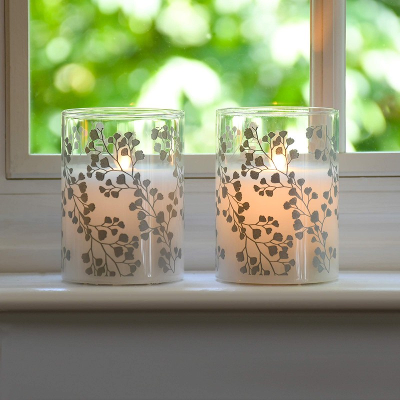 LumaBase Battery Operated LED Glass Candles with Flickering Flame, Silver