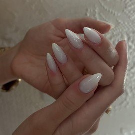 White Press on Nails Almond Shaped 48Pcs Neutral Thick Fake Nails for Women, Medium Almond Nails Press on Reusable Acrylic Nails Glue on Medium Length Stiletto False Nails Gel Artificial Nails