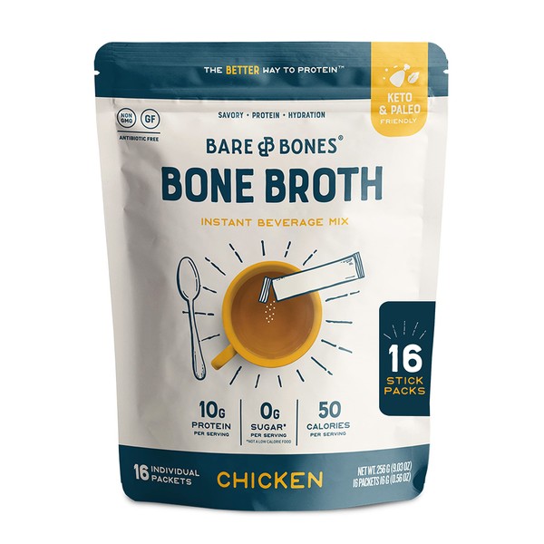 Bare Bones Bone Broth Instant Powdered Beverage Mix, Chicken, Pack of 16, 15g Sticks, 10g Protein, Keto & Paleo Friendly