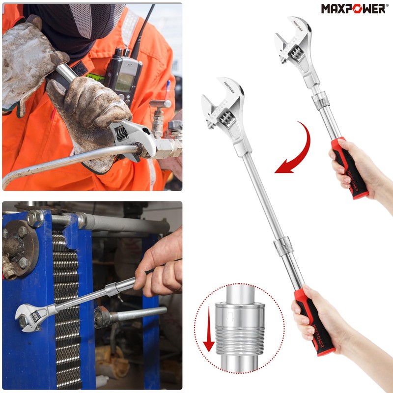 MAXPOWER Extendable Adjustable Wrench, Retractable Extension Shank 13.8" to 19.7",