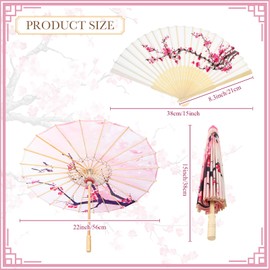 Xuniea 2 Pcs Cherry Blossom Decor Set Including Chinese Japanese Oiled Paper Umbrella and Foldable Handheld Silk Folding Hand Fan for Wedding Birthday Party Favor Decoration