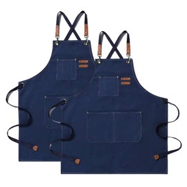 Kitchen Apron Canvas 2 Pack Work Apron with 3 Pockets Adjustable Strap BBQ Apron Waterproof Professional for Men Women Hairdresser Kitchen Gardener, blue
