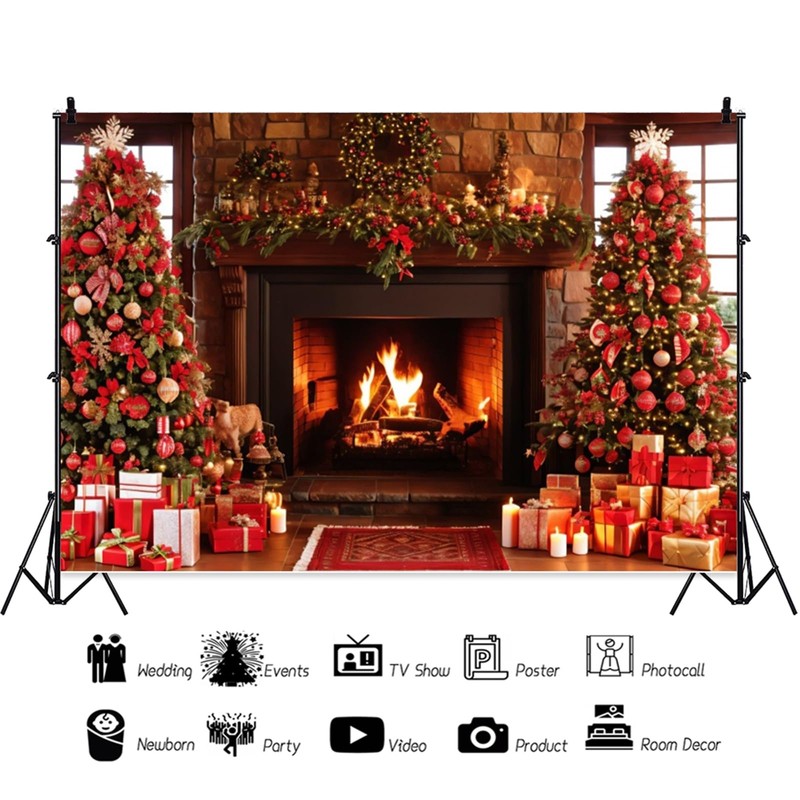 ZJRBJB 10x8ft Christmas Fireplace Photography Backdrop Rustic Fireplace Wooden House