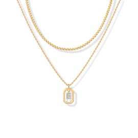 PAVOI 14K Yellow Gold Plated Cubic Zirconia Letter Pendant Layered Necklace | Framed Initial Letter Cable Singapore Chains Layering Necklaces for Women | E Initial