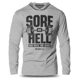 Long Sleeves Sore As Hell Hooded Workout Shirt for Men Lightweight Gym T-Shirt (XL, Sore As Hell Grey)