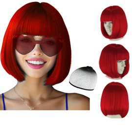Party Wigs Wig Cap and Sunglass Set,Short Bob Hair Wigs Straight with Flat Bangs Synthetic Colorful Cosplay Daily Party Neon Wig for Women (Red)