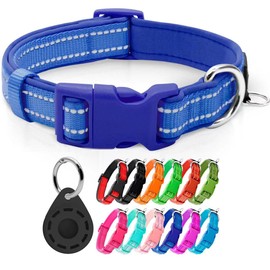 azuza Reflective Dog Collar with AirTag Holder, Pet Collar with Flexible Chloroprene Rubber Seal with ID Tag Ring, Adjustable, Medium Dog, Navy Blue, M