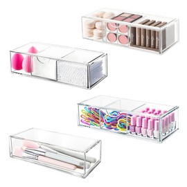 SHAIDOJIO Acrylic Dressing Table Organiser with 10 Drawers, Stackable Transparent Cosmetic Organiser for Earrings, Makeup Brushes, Lipsticks, Nail Polishes, Accessories, Jewellery, Pack of 4