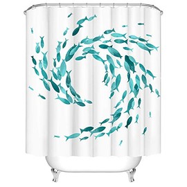 Teal Fish Shower Curtains Set Ocean Creatures Bathroom Decor Creative Aqua Curtain for Bath Fabric Sea Ocean Shower Curtain with Hooks Turquoise 72x72inch
