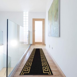 CreativeDeco Custom Made Runner Rug Low Pile with Rubber Backing for Kitchen Foyer Hallway Entry Choose Your Length Size 31 Inch Wide Greek Key Meander Design Black Gold Color (6 feet x 31 Inch)