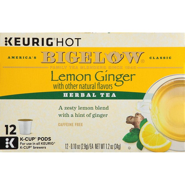 Bigelow Lemon Ginger Herbal Tea Keurig K-Cups, Caffeine Free Herbal Tea, 12 Count Box