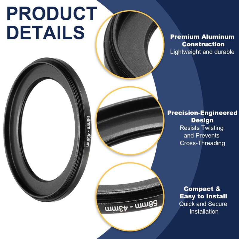 PATIKIL Step Down Ring Adapter 58mm to 43mm, 2 Pcs