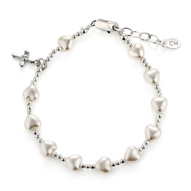 Precious Pieces Sterling Silver Rosary Bracelet First Communion Gift for Girls with Cross and Simulated Pearl Hearts (6-6.5 inch)