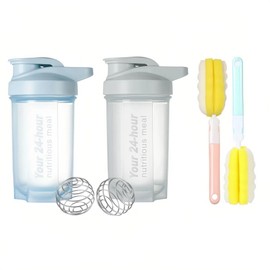 Tokaneit Pack of 2 Fitness Shaker, Protein Shaker Bottle, Shaker Bottle Protein Powder, Drinking Bottle with Mixball, with 2 Foam Brushes, Leak-Proof, for Sports or Gym, Clear, 500 ml