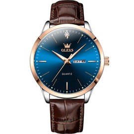 OLEVS Watches for Men, Mens Brown Waterproof Dress Classic Casual Luxury Analog Watch with Leather Strap, Day Date Easy to Read Man Watch Blue Dial Relojes para Hombres Male Quartz Wristwatch