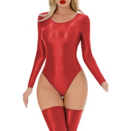 AUBIG Womens Shiny Oil Glossy Long Sleeve Leotard Stretchy Metallic Bodysuit Dance Leotard Red X-Large