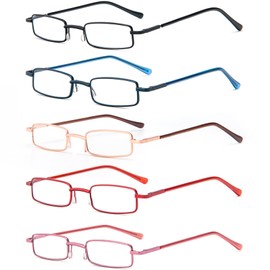 REAVEE 5 Pack Slim Portable Reading Glasses for Men Women, Computer Blue Light Blocking Small Readers Metal Frame Spring Hinge with Pocket Compact Pen Case, Black Red Pink Blue Gold 2.5