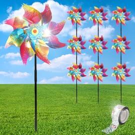 Pinwheels for Yard and Garden, 10Pack Reflective Pinwheels to Scare Birds Away, Sparkly Colorful Pin Wheels with Bird Scare Tape for Lawn, Patio(Pack of 10)