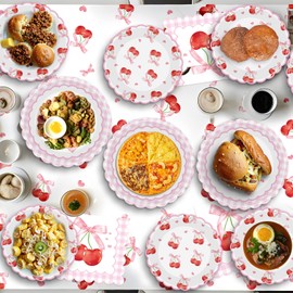 40 Pcs Cherry Birthday Decorations - Pink Bows Plates and Napkins Party Supplies, Disposable Scalloped Bowknot Paper Dinner Plates Napkins Sets for Fruits Cherry Table Party Decor Favors, Serves 20