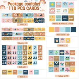 Fulmoon 119 Pcs Boho Classroom Calendar Pocket Chart Set Calendar Bulletin Board Set with Pocket Seasons Festival Weather Calendar Pocket Chart for Classroom Decoration Back to School Supplies