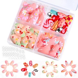 96Pcs Fake Nails, Kids Press on Nails, Full Cover Cute Almond False-Nails for Girls Women Nail Art Decoration