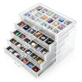 Jucoan Clear Acrylic Rock Display Case, 5 Layer 90 Grids Rock Collection Case with Adjustable Velvet Insert, Mineral Gemstone Storage Organizer Box for Kids Crystals, Rocks Collection