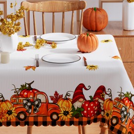 Fall Tablecloth 60x84 Inch Rectangle, Buffalo Plaid Harvest Orange Truck Gnome Pumpkin Table Cloth Seasonal Autumn Thanksgiving Party Decor Waterproof Scalloped Edge Table Cover