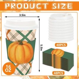 JarThenaAMCS 48 Set Fall Disposable Coffee Cups with Lids Sleeves Green Orange Plaid Pumpkin Drinking Cup Watercolor Paper Cup for Autumn Thanksgiving Party Supplies