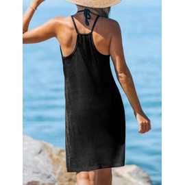 CUPSHE Women's Beach Cover Ups Sleeveless Swimsuit Coverup Halter Basic Mini Dress, Black XL