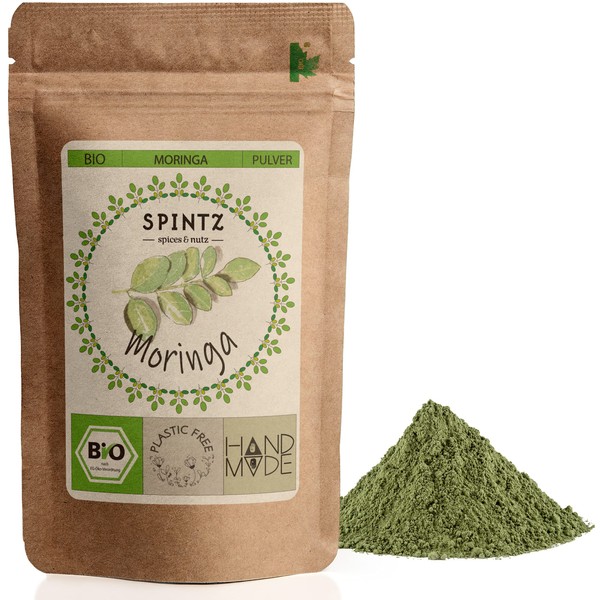 SPINTZ® 500 g Organic Moringa Powder - Finely Ground Moringa Leaves - Leaf Powder Moringa Oleifera - Vegan - Ideal for Moringa Tea - from Controlled Organic Cultivation | Plastic-Free Packaging