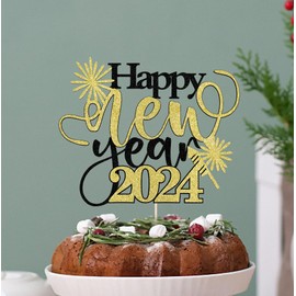 Bejotaa - Decoración para tartas de feliz año nuevo 2024 con texto en inglés "Happy New Year 2024" para decoración de fiesta de Año Nuevo (Año Nuevo (oro negro)