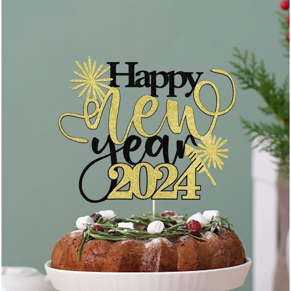 Bejotaa - Decoración para tartas de feliz año nuevo 2024 con texto en inglés "Happy New Year 2024" para decoración de fiesta de Año Nuevo (Año Nuevo (oro negro)