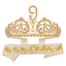 9th Birthday Sash and Tiara for Girls - Fabulous Glitter Sash + Forest Rhinestone Gold Premium Metal Tiara for Girls, 9th Birthday Gifts for Princess Party