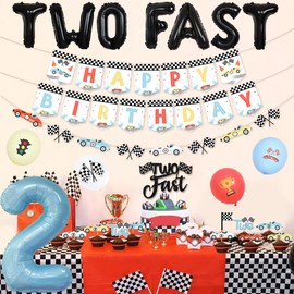 Vintage Two Fast Birthday Decorations, Retro Racing Car Birthday Decorations for Boys - Pastel Colours Happy Birthday Banner, Let's Go Racing 2nd Birthday Party Supplies