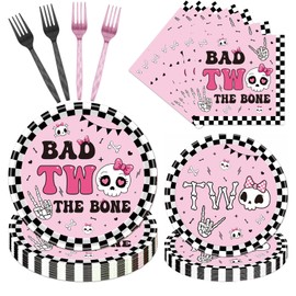 Bad Two the Bone Party Decorations Girl - Lovarywow 96PCS Bad Two the Bone Birthday Decoration Party Plates Napkins Forks Disposable Tableware Set Pink Skull 2nd Birthday Bday Supplies Serve 24