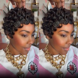 Pixie Cut Wigs for Black Women Pixie Cut Wig Human Hair Short Layered Short Haircut Wig Glueless with Bangs for Daily Use Glueless Full Machine Made Wig (natural black)