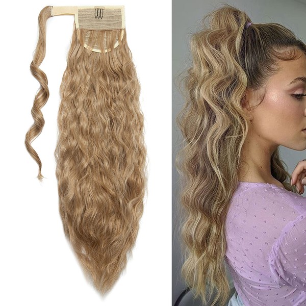 50 cm Corn Wave Clip-In Extensions Ponytail Hair Extension Magic Paste Wavy Wrap Around Ponytail Hairpiece for Women Light Ash Brown Mix Bleach Blonde