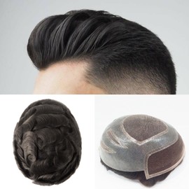Toupee for Men Swiss lace Front Hair System for Men Fine Mono Mens toupee Hairpieces Natural Hairline Human Hair Replacement System 8"x10"Hand Tied Men Wigs (1B# Natural Black)
