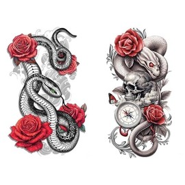 2 Blätter Temporäre Schlange Tattoo Schlange mit Rosen Tattoo Totenkopf Tattoo Arm Tattoo T122 123