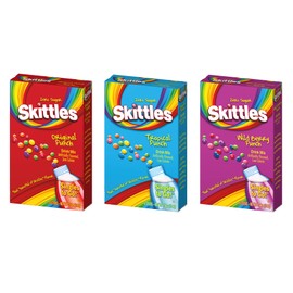 Skittles Singles To Go Drink Mix Variety Pack Bundle Original Punch, Tropical Punch and Wild Berry Punch - 3 boxes with 6 Packets in Each Box 18 Total Servings