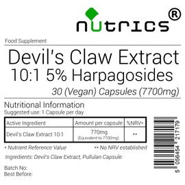 Nutrics® 7700mg Devils Claw Extract V Capsules- 10:1 5% Harpagosides Strong Extract- Suitable for Vegan Vegetarian Halal & Kosher Diet- 30 Capsules (1 Month Supply)