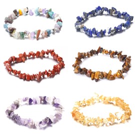 Natural Gemstone Bracelets Set - Perfect for Chakra Crystal Healing 0 Genuine Gemstone Chips - Stretch Bracelet approx 8.6" - Align Chakras/Conquer Fear/Increase Communication Reiki (6)